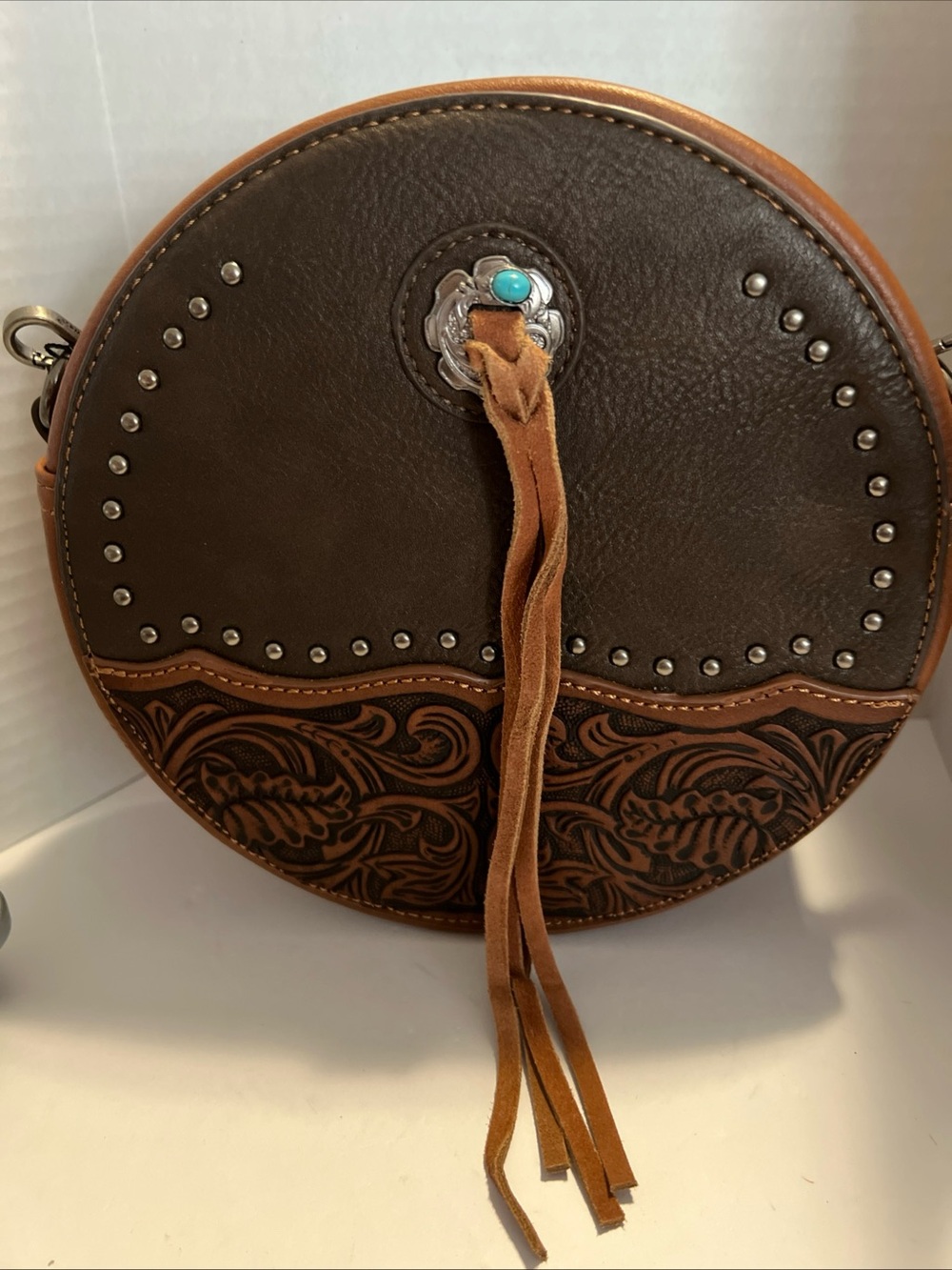 Montana West Brown and Tan Tooled Round Crossbody Bag